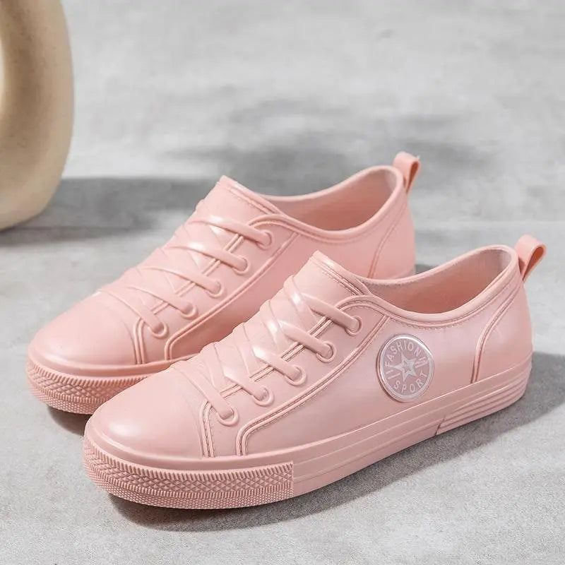 Pink Faux Fur Lined Rain Shoes Women's Warm Low Top Galoshes Woman Winter Waterproof Rubber Shoes Ladies Restaurant Work Flats