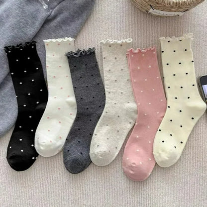 6 Pairs Korean Style Ruffle Edge Socks for Women 6 Pairs Polka Dot Crew Socks High Elastic Breathable Stackable Mid Calf Socks