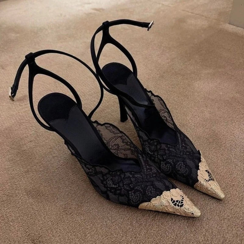 2026 Summer Fashion Lace Sequin Hollow Out Mesh Women Pumps Sexy Pointed Toe Designer Slingback Sandals Women High Heels 34-41