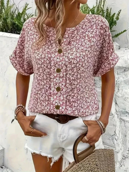 Plus Size Women's Shirts 2025 Spring Summer New Fashion Casual Floral Printing V-Neck Short Sleeve Blouses Korean Style Clothing