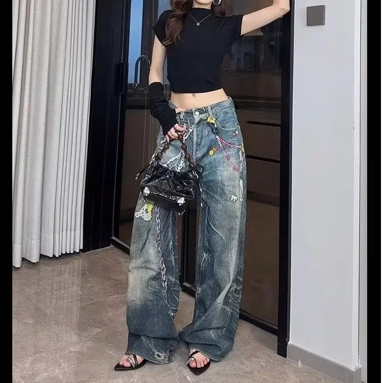 Y2K 3D Printed Jeans Girls Flower Chain American Style Versatile High Waisted Loose Straight Leg Floor Pants