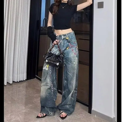 Y2K 3D Printed Jeans Girls Flower Chain American Style Versatile High Waisted Loose Straight Leg Floor Pants