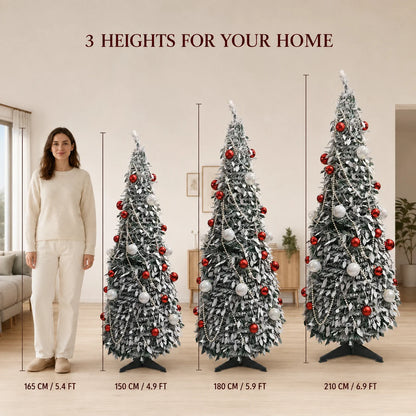 Flocked PVC Christmas Tree 1.5/1.8/2.1M Pre‑Attached Baubles, Foldable Xmas Tree with USB String Lights for Home Holiday Decor