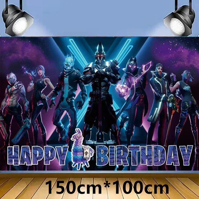 Fortnite Balloons Happy Birthday Banner Shooting Game Party Decoration Alpaca Llama Disposable Tableware Background Cake Topper