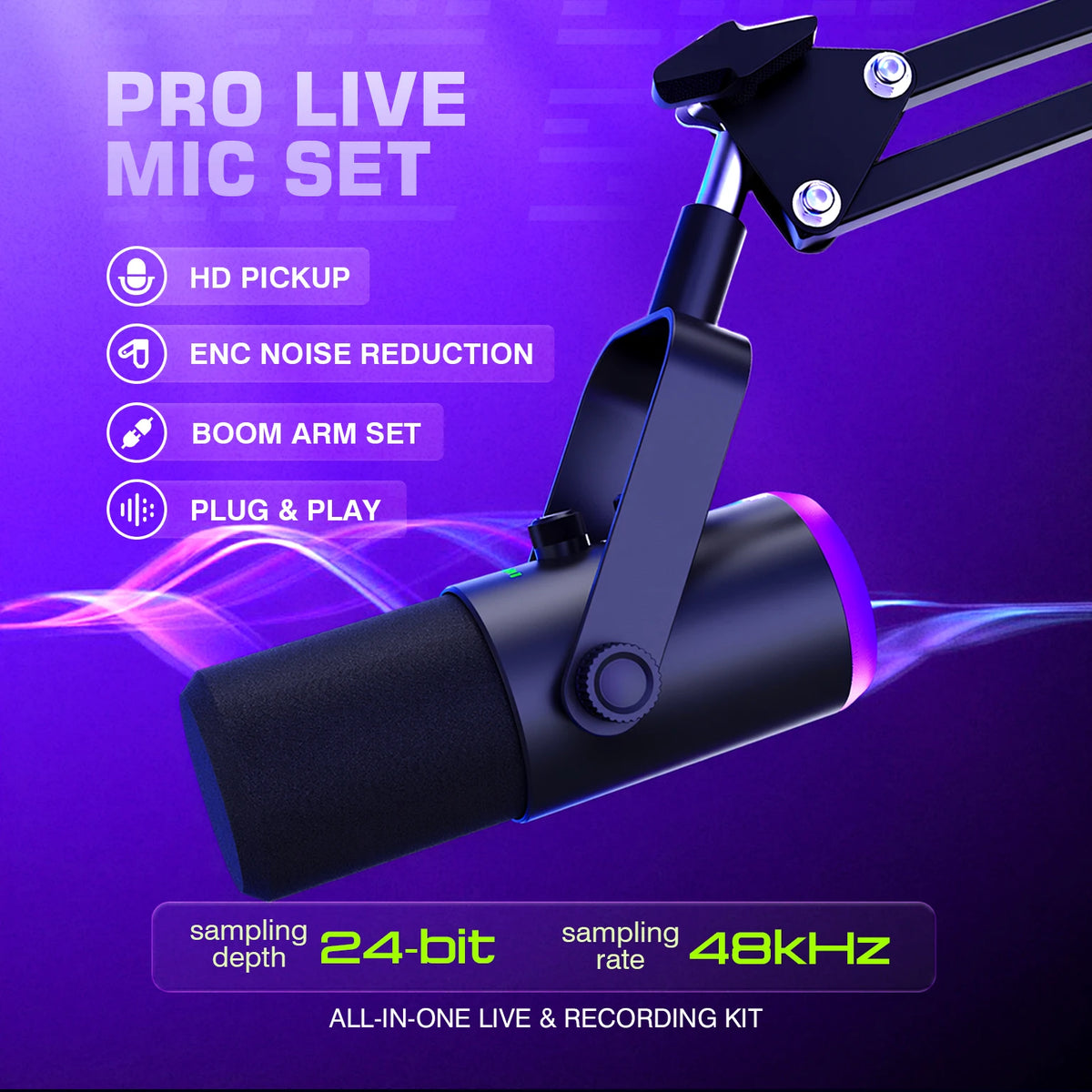 Professional USB Gaming Podcast Condenser MicrophoneKit with Adjustable Metal Boom Arm, 360° Rotatable Design,ENC Noise Reduction, HD Sound Pickup, Easy 1-Touch &Gain Control for PC Laptop Twitch YouTube StreamingRecording,
