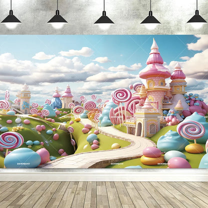 Sweet Candy Castle Cherry Blossom Theme Birthday Photography Background, Children's Birthday Party Banner Photography Background