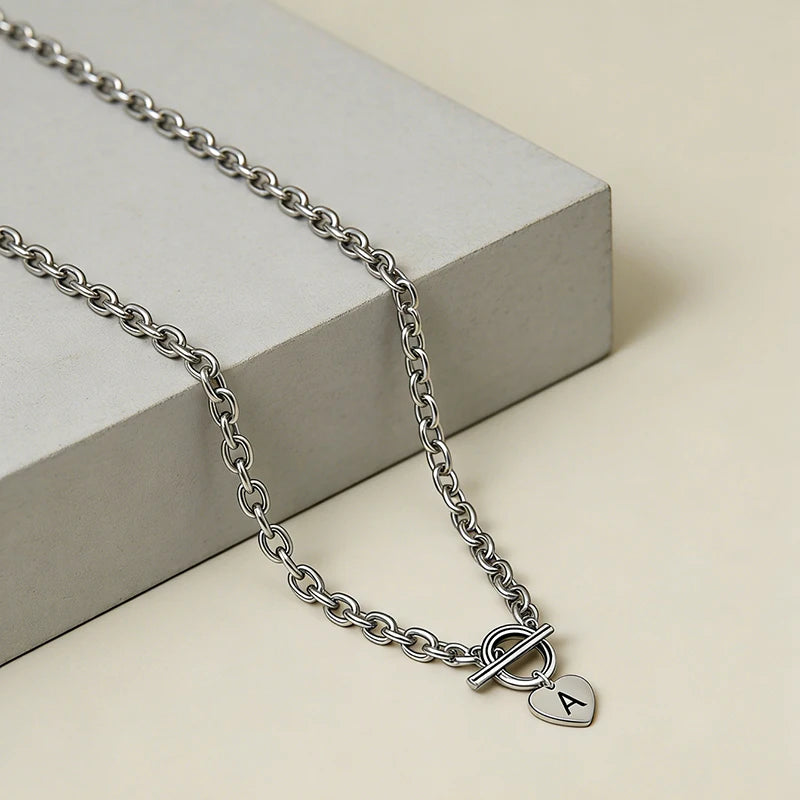 Stainless Steel Letter Pendant Necklace 26 Alphabet Heart Charm Dainty Stylish Women Fashion Jewelry Gift