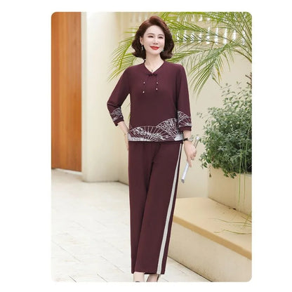 Mature Women New Chinese Style Two Piece Set 3 4 Sleeve Top Wide Leg Pants Elegant Middle Aged Ladies Summer Outfit