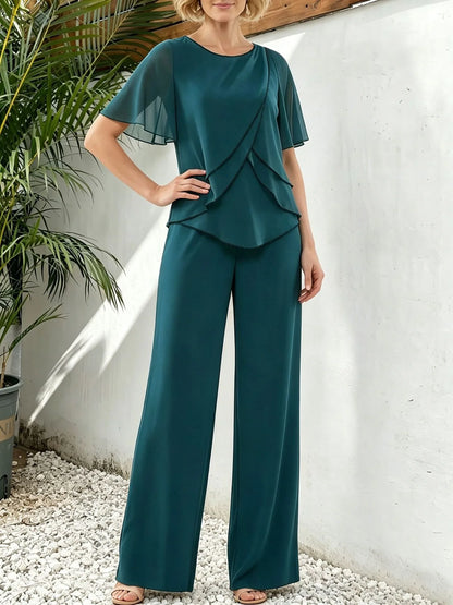 Women's Casual Pants Set Chiffon Breathable Solid Color Round Neck Short Sleeve Loose Irregular Top + Wide-leg Pants 2-piece Set