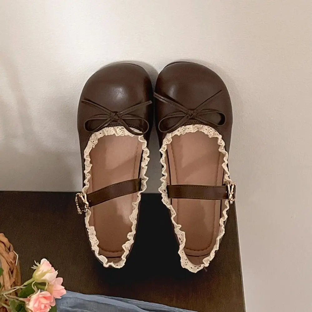 Lolita PU Leather JK Flat Shoes Bow Sweet Slip On Loafers Soft Sole Lace Ruffled Mary Jane Shoes Women
