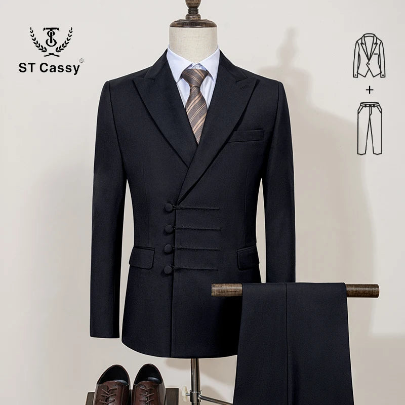 ST Cassy Elegant Men Suit for Wedding Slim Fit Double Breasted Multiple Buttons Casual Business Man 2 Piece Set Party Outfit