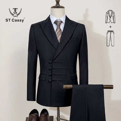 ST Cassy Elegant Men Suit for Wedding Slim Fit Double Breasted Multiple Buttons Casual Business Man 2 Piece Set Party Outfit