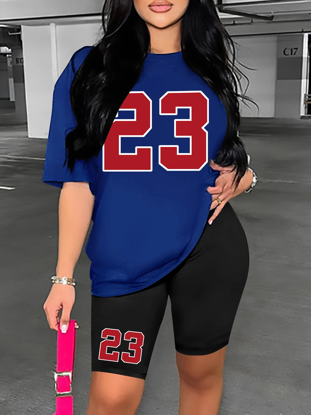 Women's Summer Set Number 23 Print Casual Shorts Set Sports Women's Shirt Shorts 2 Piece Street Wear Set Womens Summer Clothes