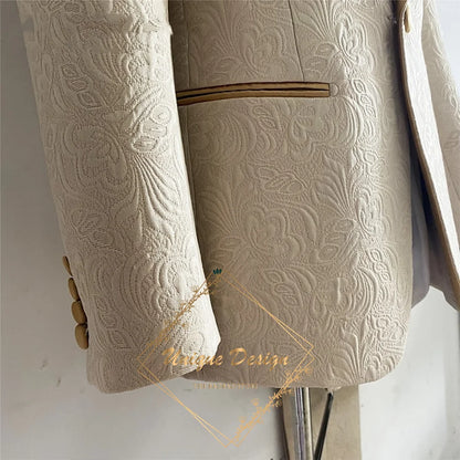 Champagne Men's Suit 2-Piece Set Satin Shawl Lapel Jacquard Jacket Pants Elegant Set for Wedding Groom Summer Party Dating Prom