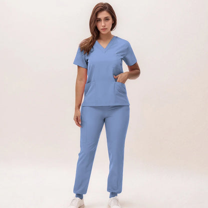 Women's Nurse Scrub Set | V-Neck Top & Jogger Pants, Stretch Jersey | Medical Workwear