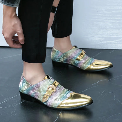Fashion Gold Casual Shoes England Chelsea Bright Pointed Toe Leather Shoes Men Slip-on Business Party Wedding Oxford Shoes