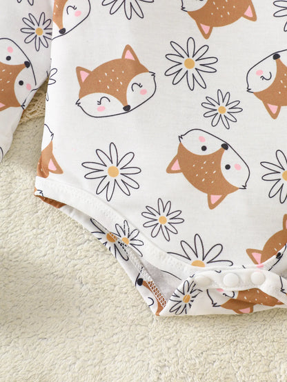 Little Fox Autumn Story Corduroy Set: Full Daisy Print Romper + 3D Embroidered Suspender Skirt + Headband Three-Piece Set, Baby Autumn/Winter Outfit