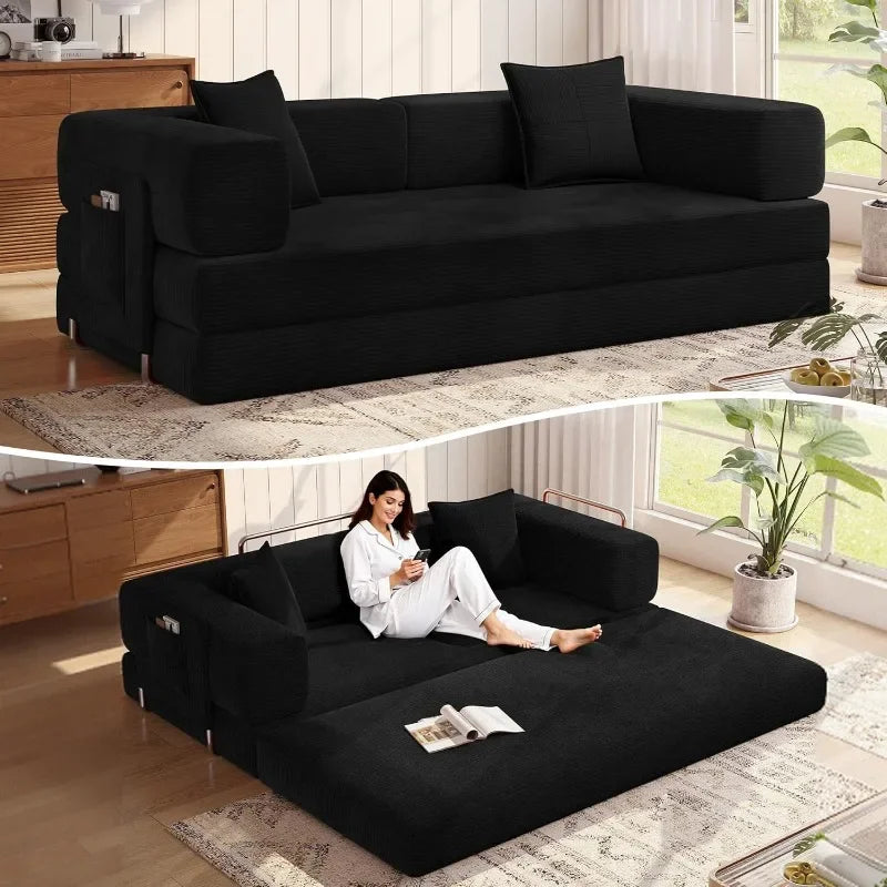 MoonSpeak 78.8''Sleeper Couch Bed for Livingroom,Convertible Modular Sofa with Armrest Pillow,Modular Foldable Corduroy Couches