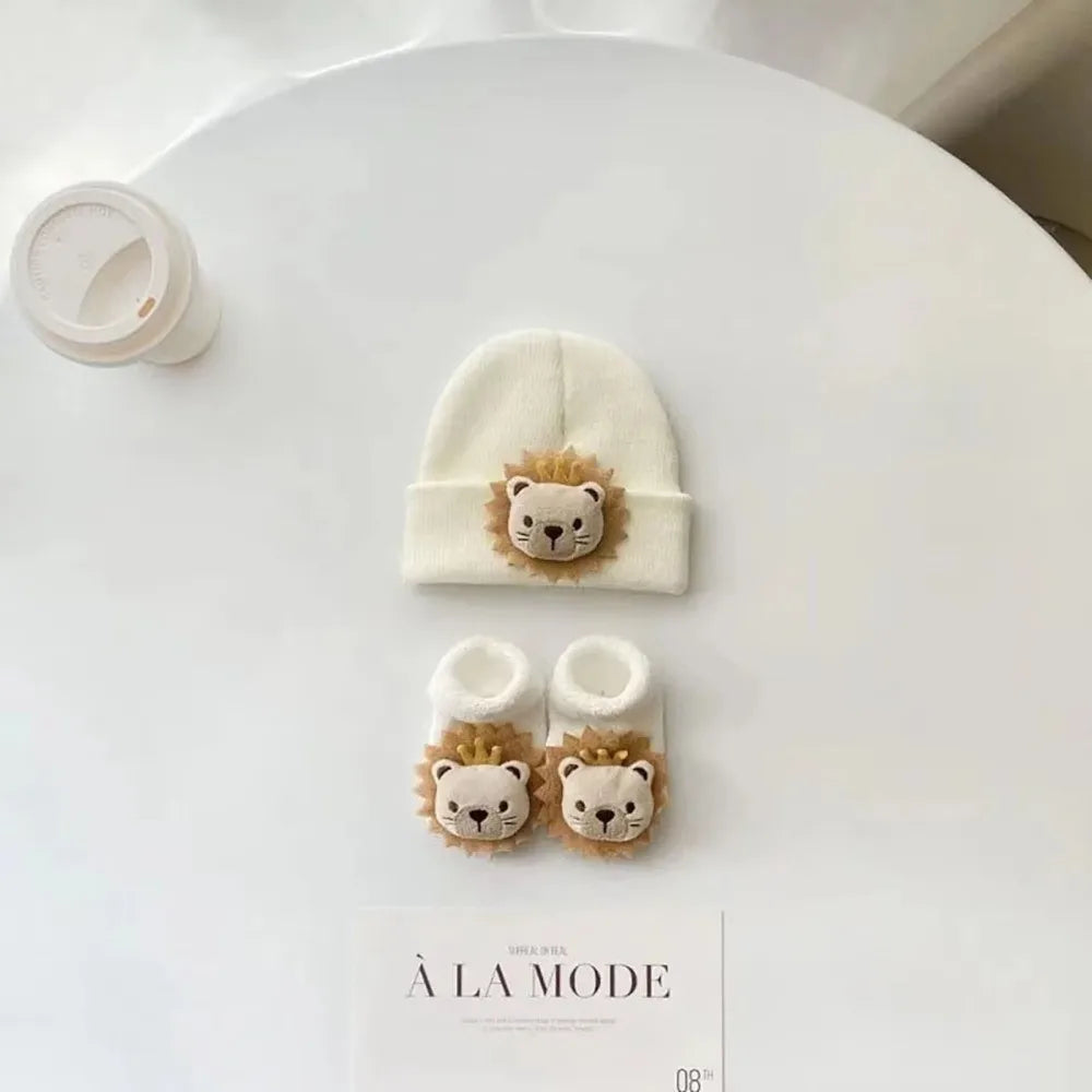 2PCS/Set New Cartoon Baby Hat Socks Cute Animal Woolen Warm Pullover Hats Winter Knitted Beanies Newborn Short Socks Boy Girl