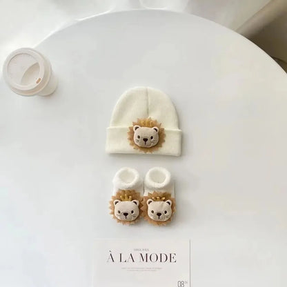 2PCS/Set New Cartoon Baby Hat Socks Cute Animal Woolen Warm Pullover Hats Winter Knitted Beanies Newborn Short Socks Boy Girl