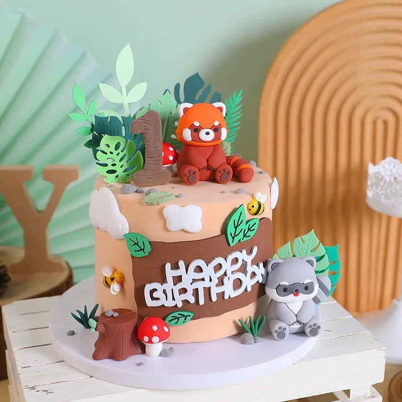 Cartoon Aniamal Cake Dec Little Raccoon Red Panda Cupcake Decoration Jungle Safari Happy Kid Birthday Party Girl Boy Babyshower