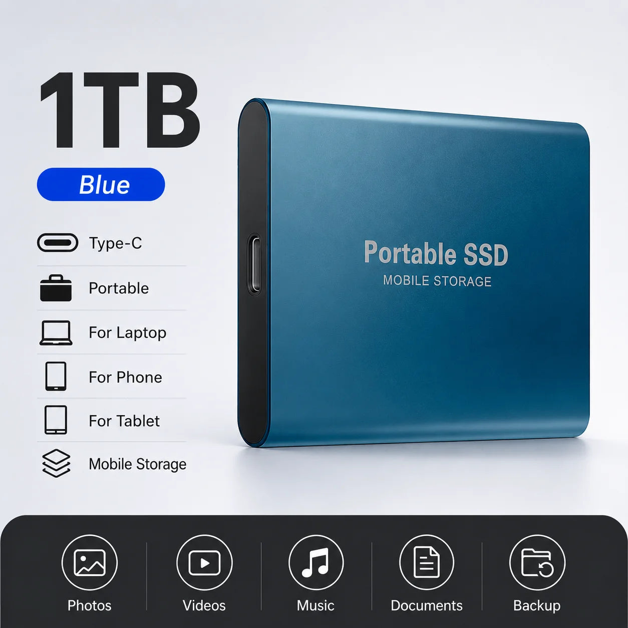 Space Efficient External Hard Drive 2TB Portable Mobile Hard Disk for Family Daily Photo Saveing PC Laptop