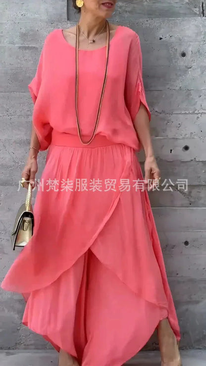 2025 Summer Fashion Women's Solid Color Casual Trendy Loose 2 Piece Chiffon Sets O-neck Short Sleeve T-shirts Wide Leg Trousers