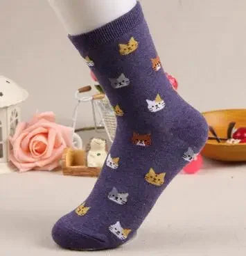 Cute Cartoon Cat Print Women Socks Sweet Cute Japanese Style Kawaii Long Socks Casual Harajuku Streetwear Cotton Soft Crew Socks