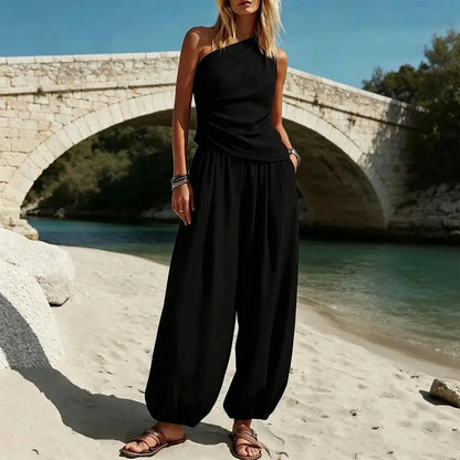 Summer Women Outfit Tank Top Pants Two Piece Set One-shoulder Sleeveless Shirt Solid Color Loose Casual Top Pants Suit