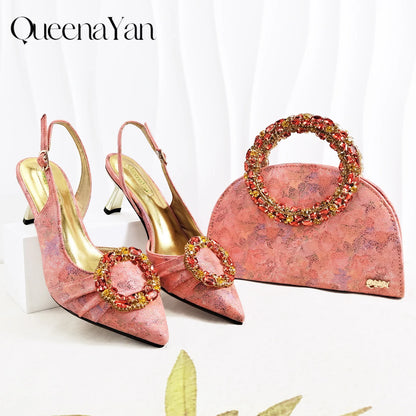 Multicolor Glitter Rhinestone Ring Handle Evening Clutch And Women High Heels Shoes Set Wedding Party Matching Bag