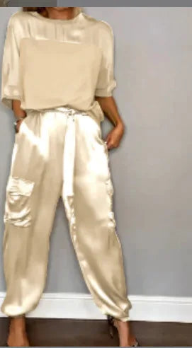 Elegant Satin Two Piece Set Women Outfits Spring Summer Casual Solid O Neck Shirt Long Pants Tracksuit Fashion Female Loose Suit