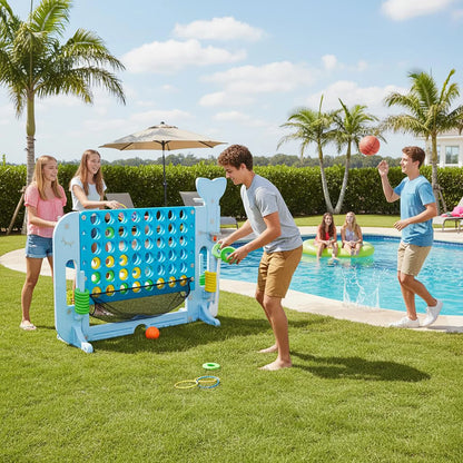 Giant 4 In A Row Game, Adjustable 4-to-Score Board With Quick Release, Basketball Golf Ring Toss, Indoor Outdoor Party Games