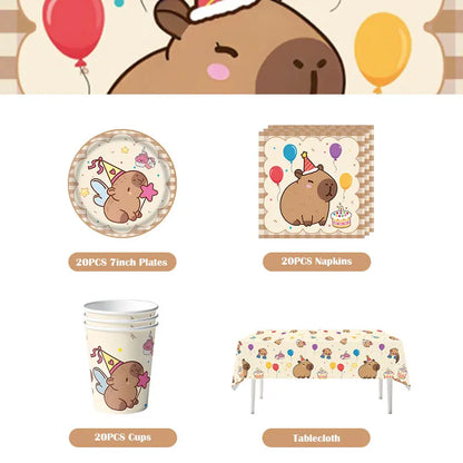 Capybara Decoration Birthday Party Favors Tableware Set Cup Plate Balloons Gift Bags Happy Banner Cake Topper Supplies for Girls