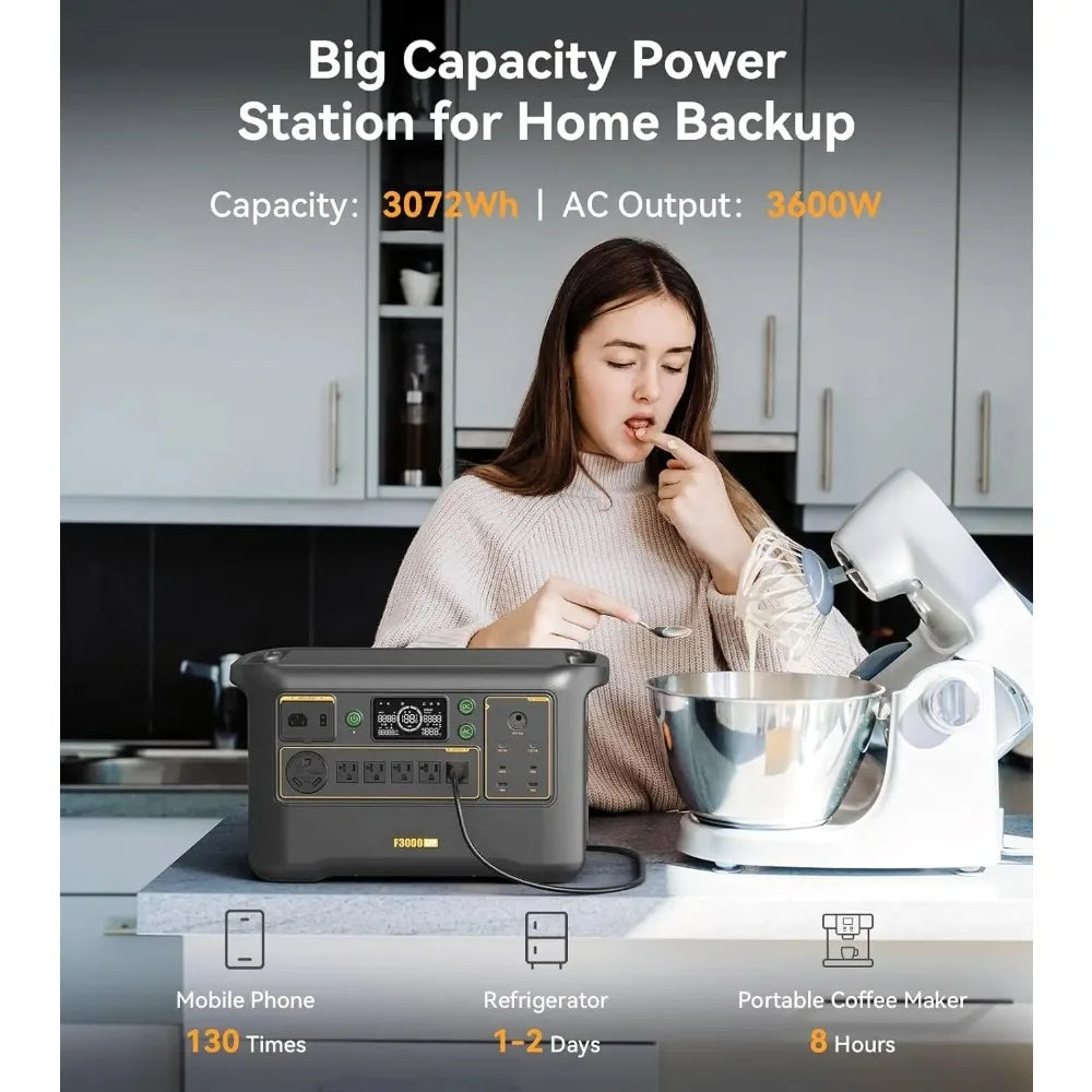 3072Wh 3000W Solar Generator, LiFePO4 Battery, Fast Charging, 100W USB-C Output for Home Camping RV Emergency, Custom