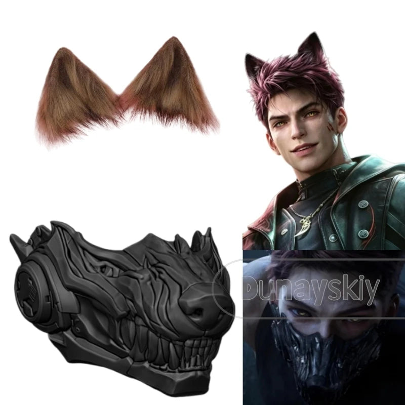 Love and Deepspace Valko Wolf Mask Cosplay Prop Furry 3D Printed Sci-Fi Wolf Head Mask Fluffy Brown Wolf Ears Hair Halloween