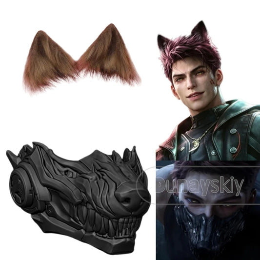 Love and Deepspace Valko Wolf Mask Cosplay Prop Furry 3D Printed Sci-Fi Wolf Head Mask Fluffy Brown Wolf Ears Hair Halloween