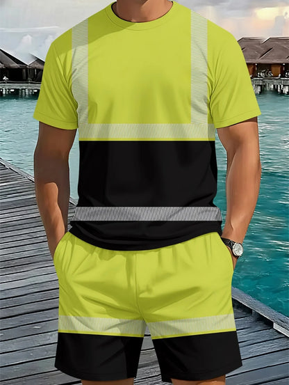Men's Classic Stripe Printed T-Shirt Shorts Set Plus Size Short Sleeve T-Shirt and Drawstring Shorts Summer Casual Two Piece Set