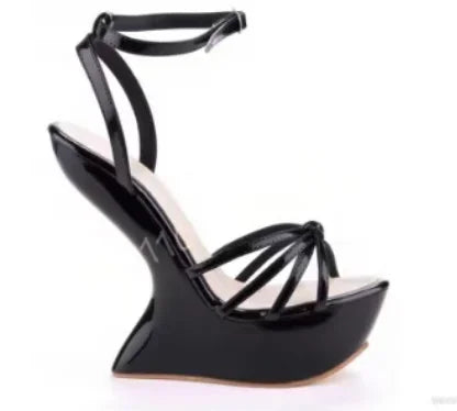 Strange Style Women Metal Color Woman Summer Platform Sandals Sexy Hoof Heel Ankel Buckle Strap Open Toe Shoes High Quality