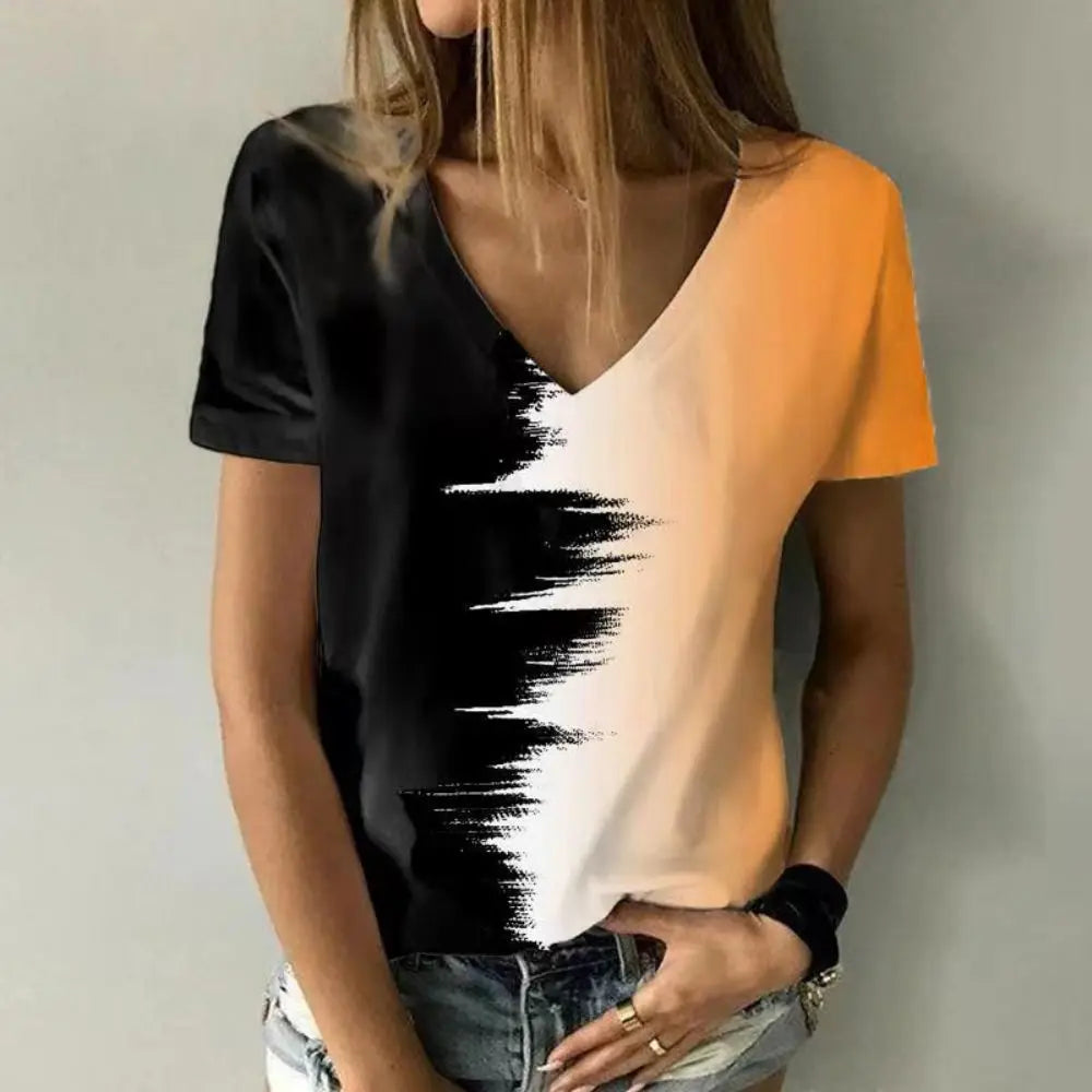 New women's V-neck T-shirt, black and white, suitable for document subscribers, 3D printing, vacation
