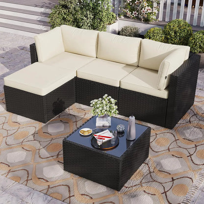 Patio Furniture Set 5-Piece, Outdoor Sectional Sofas with Washable Cushion, Wicker Rattan Patio Conversation Sets, Customized