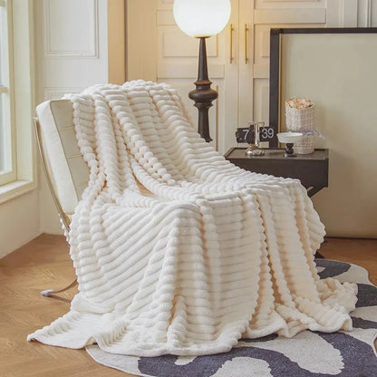 Coral Fleece Flannel Blanket 300GSM Ultra Soft Microfiber Plush Throw Blanket Warm Striped Cozy Blanket for Couch Bed Sofa