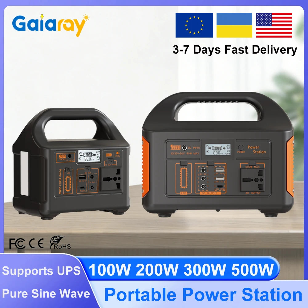 Gaiaray 100W 200W 300W 500W Portable Power Station Pure Sine Wave Solar Generator LiFePo4 Battery Power Plant For Camping Energy