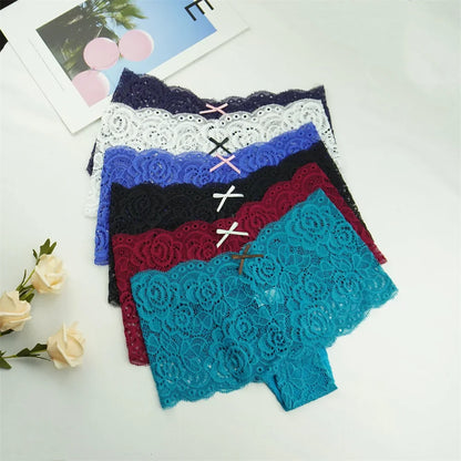3PCS Transparent Boyshorts Women Underwear Lace Boxers Ladies Plus Size M-XXL Hollow Out Floral Panties Femme Intimates