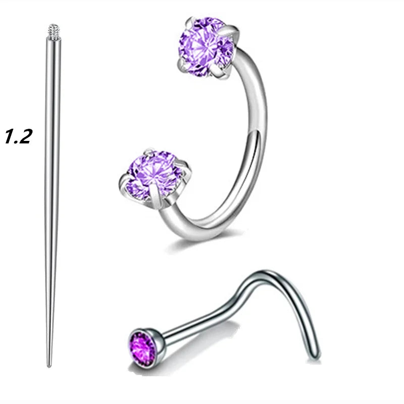 6/2pcs Horseshoe Nose Rings With L-Shape Nose Stud, Stainless Steel Rianbow CZ Nose Ring,, Lip Eyebrow Helix Ear Piercing