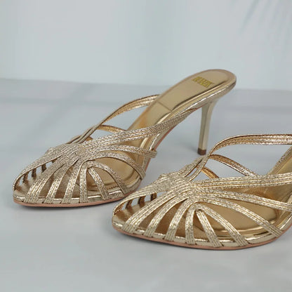 Women Shoes 2025 New Gold Hollow High Heels Luxury Pointed Toe Heeled Pumps for Women Office Mules Summer Stiletto Shoes Sandals