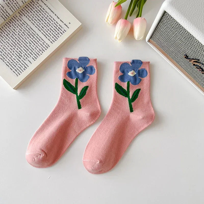 New Style Crew Socks for Women Spring Fashion Cute Flower Long Cotton Socks Japanese Style Breathable Casual Trendy Absorb Sweat