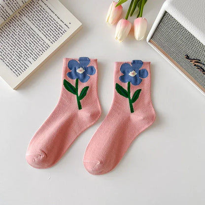 New Style Crew Socks for Women Spring Fashion Cute Flower Long Cotton Socks Japanese Style Breathable Casual Trendy Absorb Sweat