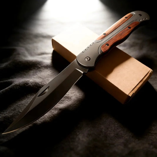 Lightweight Folding Utility Knife with Wooden Inlay, Stainless Steel Blade, Non-locking Design for Camping, Hiking and Outdoor T