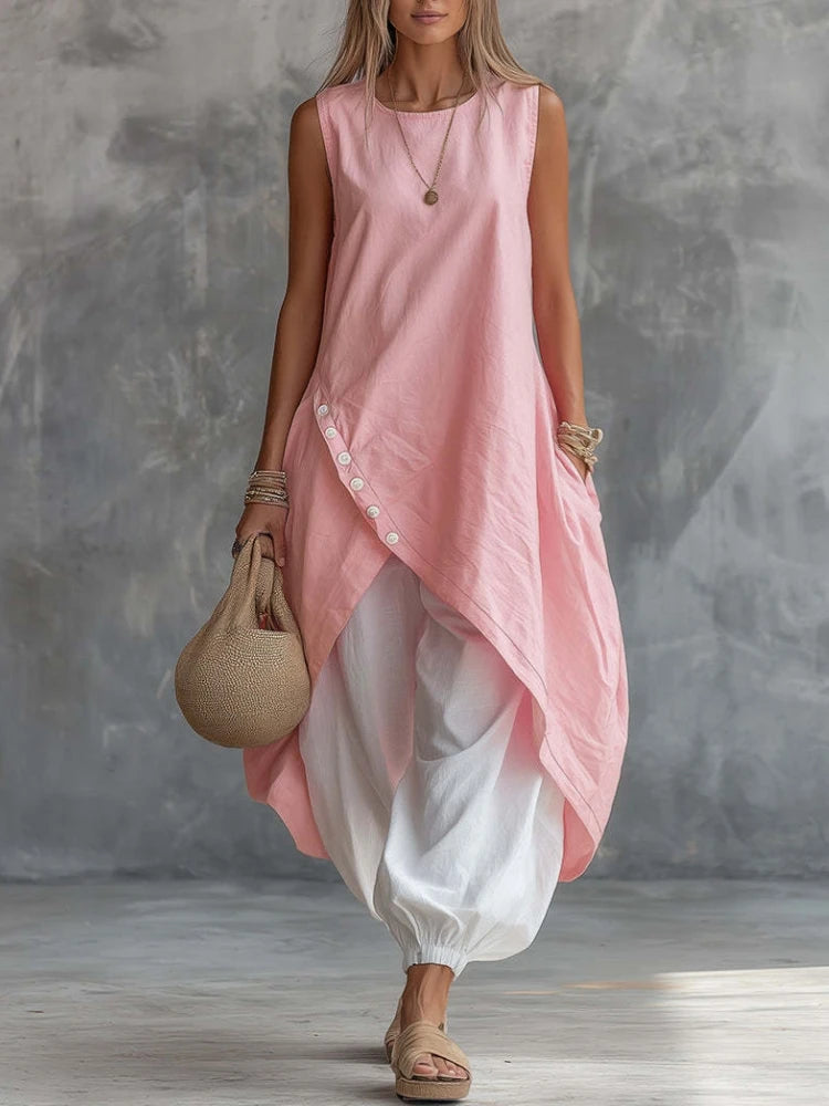Casual Women Summer 2PCS Matching Set O-Neck Irregular Long Shirt Dress And Solid Harem Pants Pocket Ladies Outfit Streetwear