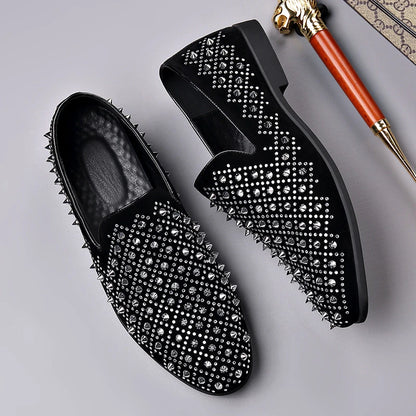 Fashion Designer New Gold Silver Punk Rock Rivet Leather Casual Shoes for Men Rhinestone Loafers Formal Wedding Dress Homecoming
